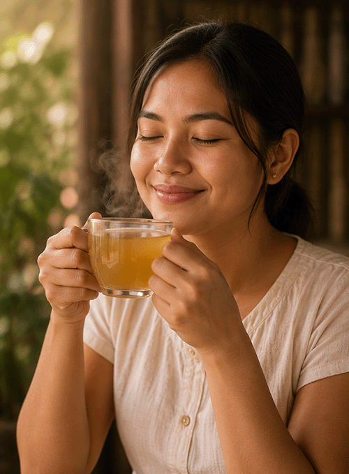 Enjoying a warm cup of Queens Tahu ginger tonic