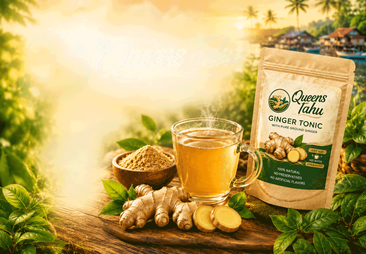 Queens Tahu ginger tonic pouch and steaming cup on a tropical morning