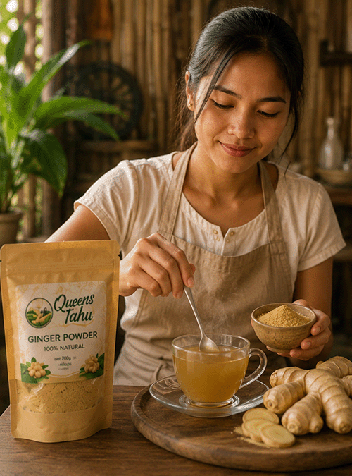 A woman stirring a warm cup of Queens Tahu ginger tonic